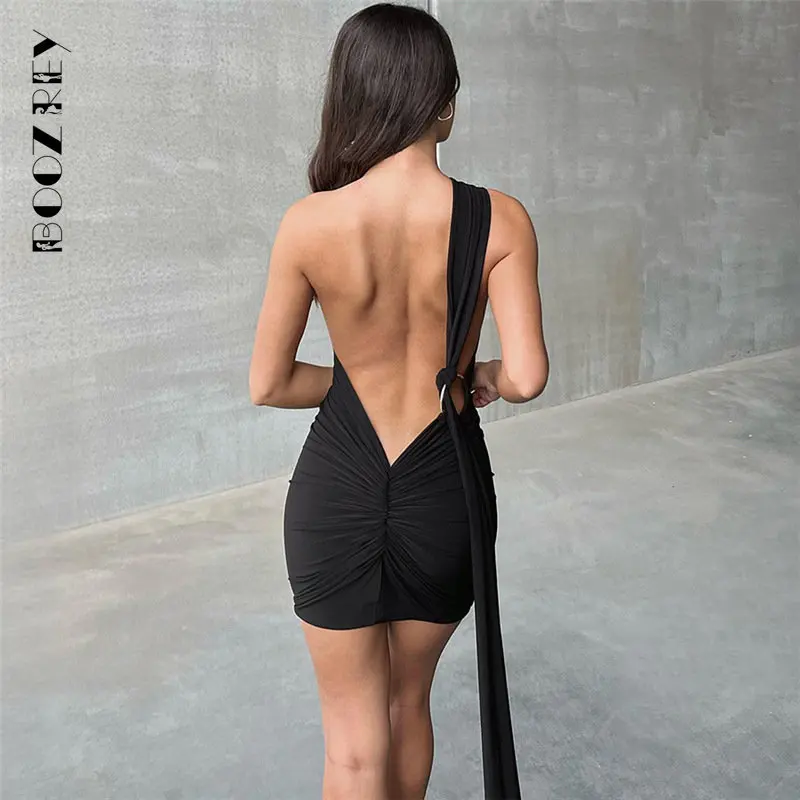 

BoozRey Oblique Shoulder Backless Mini Dress for Women Gown Summer Back Strap Sleeveless Ruched Party Sexy Short Dress Vestidos