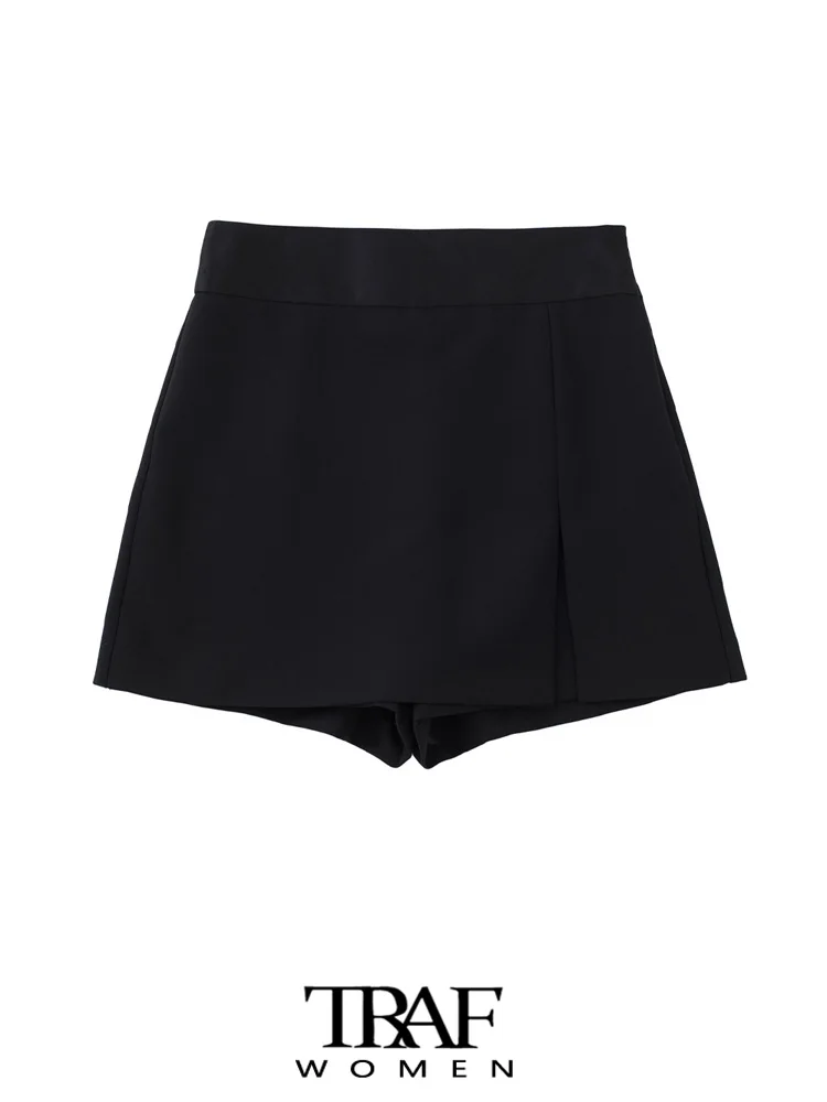 

TRAF Women Fashion Contrast Satin Front Slit Shorts Skirts Vintage High Waist Side Zipper Female Skort Mujer