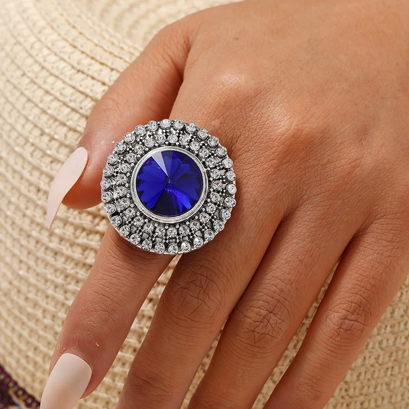 

Vintage Antiqued Silver Color Deep Green Glass Adjustable Rings for Women Men Exaggerated New Fashion Finger Ring Party Jewelry
