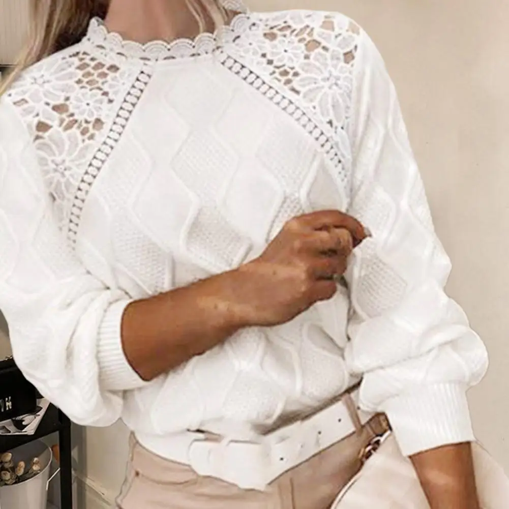 

Chic Pullover Sweater Crew Neck Thickened Women Knitwear Fall Winter Elegant Lace Embroidered Flower Hollow Knitting Sweater