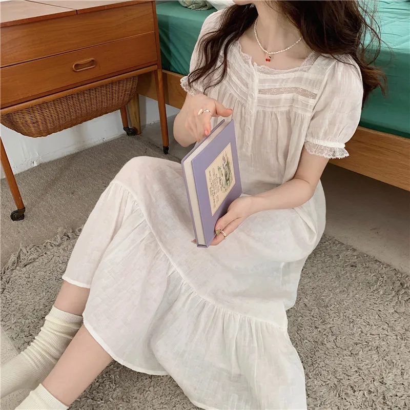 2022 Summer Pajamas for Women Cotton Night Gown Korean Style Loungewear Maxi Dresses Vintage Nightgowns Woman Sleep Dress Female