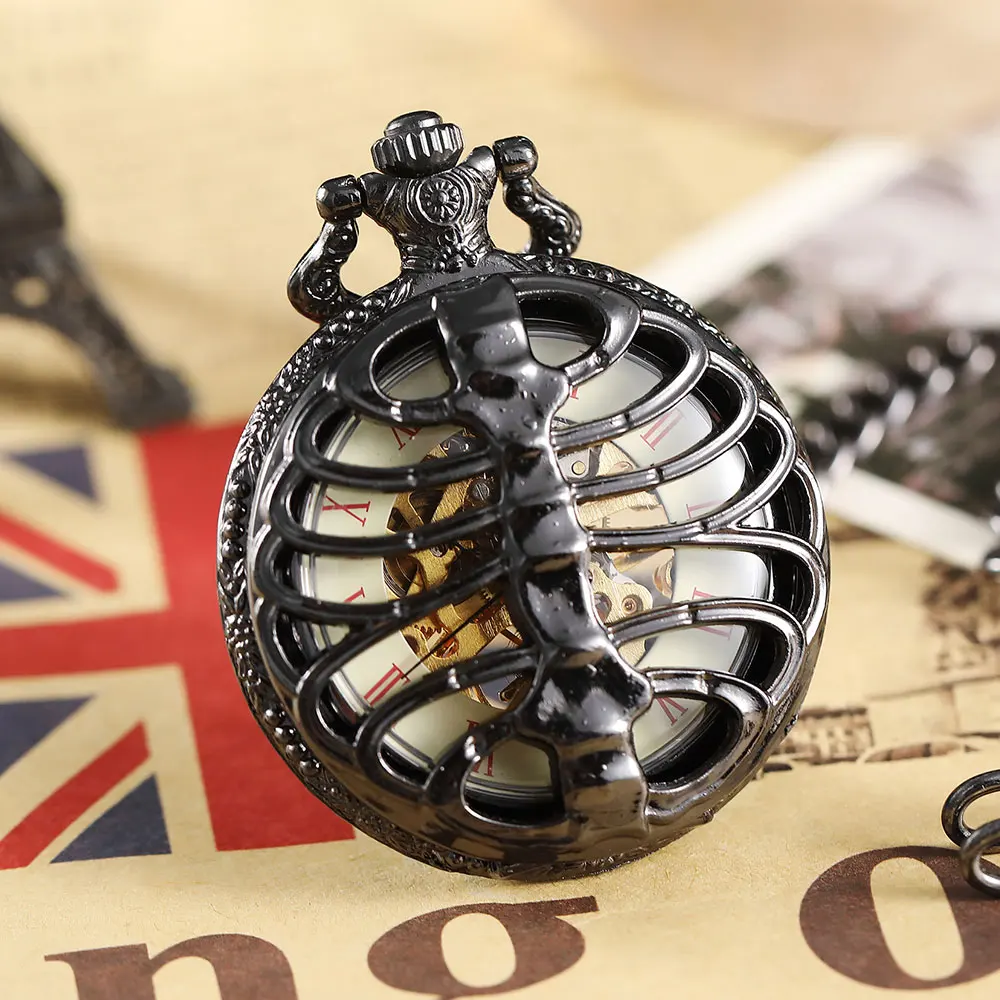 Black Hollow Spine Ribs Style Mechanical Pocket Watch Retro Male Steampunk Skeleton Clock Roman Pocket Watch With Fob Chain Men