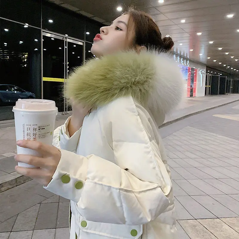 Contrast Color Big Fur Collar Down Cotton Coats Women's Winter Korean Long Fashion Slim Thick Warm Padded Jacket Female Clothing
