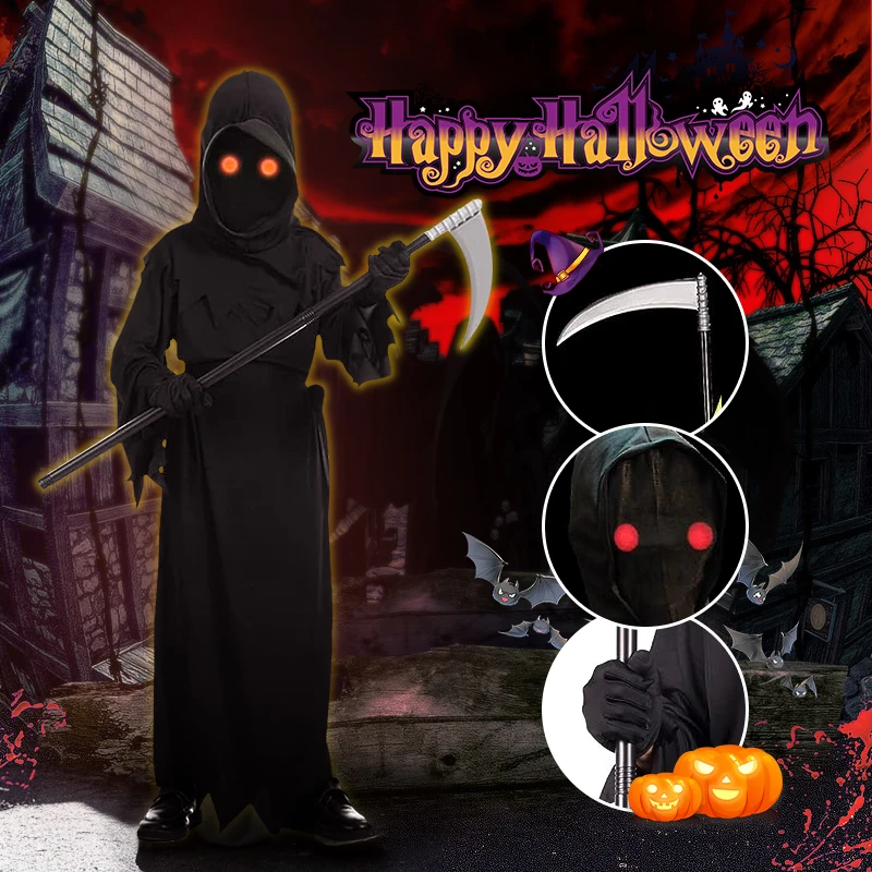 

Halloween Kids Scary Costume Grim Reaper Cosplay Set For Boys With Glowing Red Eyes Terror Death Hook Sickle Children Jumpsuits