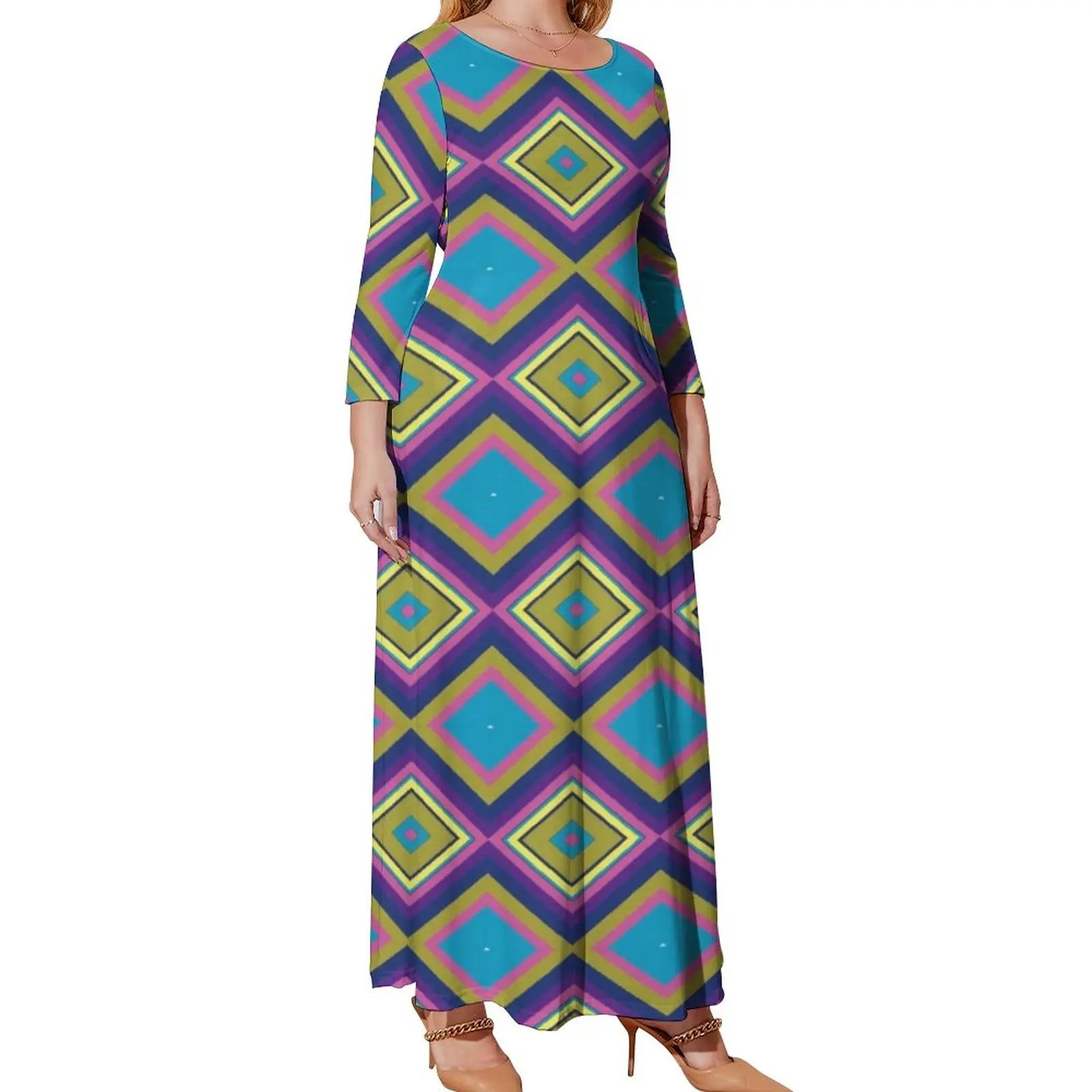 Bohemian Diamond Print Dress Geometric Graphic Bohemia Dresses Long Sleeve Street Wear Long Maxi Dress Elegant Clothes Plus Size