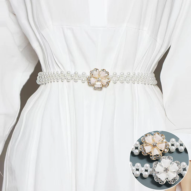 

Новая модная иммитация жемчужная цепочка ремень для женщин Женский ремень с пряжкой в виде цветка элегантное платье юбка декоративный ремешок