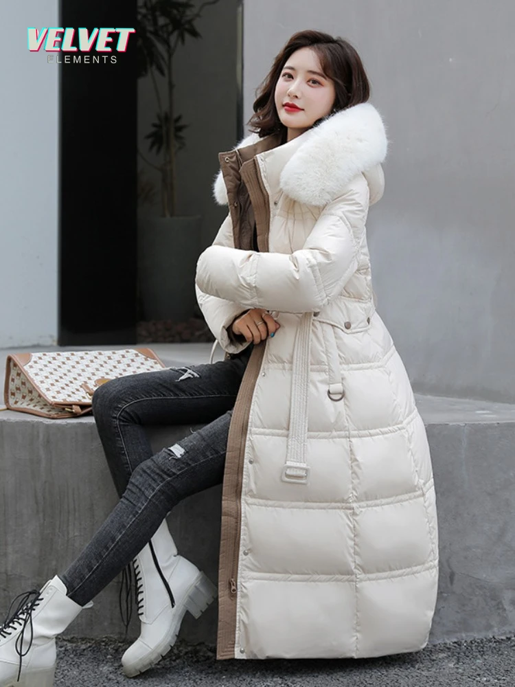 VE 2023 Winter Long Parkas for Women Hooded Fur Collar High Quality Warm Thick Female Coat Snow Wear Jacket Clothes With Belt