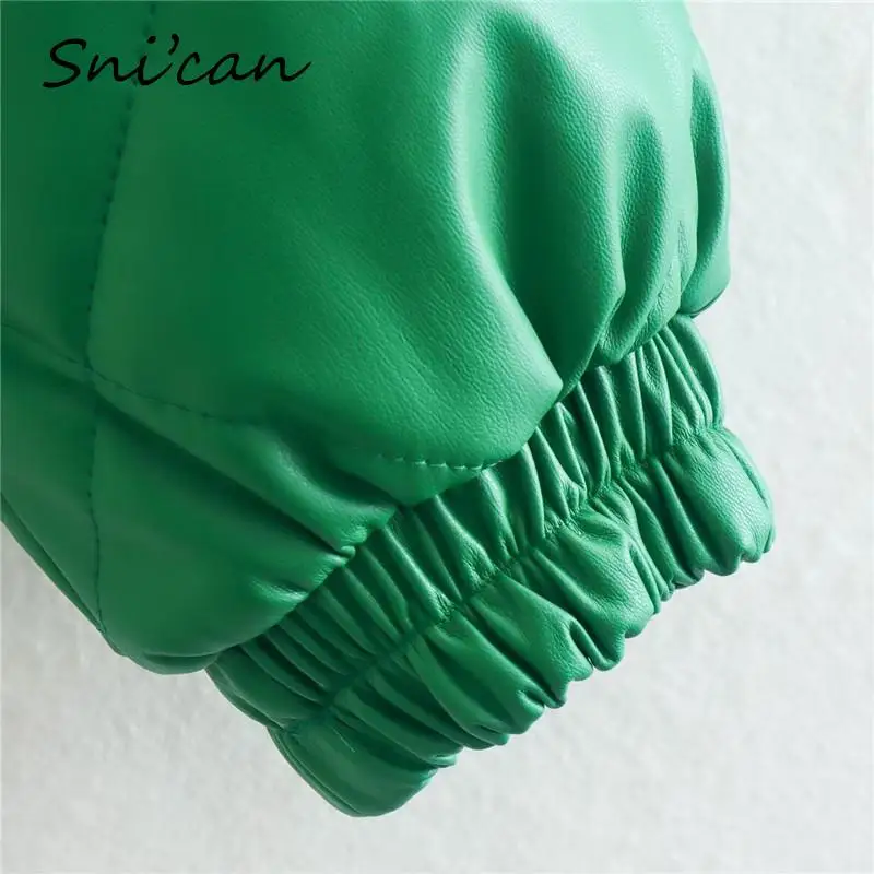 Solid Green Faux Leather Women Outwear Thick Winter Fashion Patchwork Cropped Jacket Coat  bombers Ladies Tops  chaquetas NEw