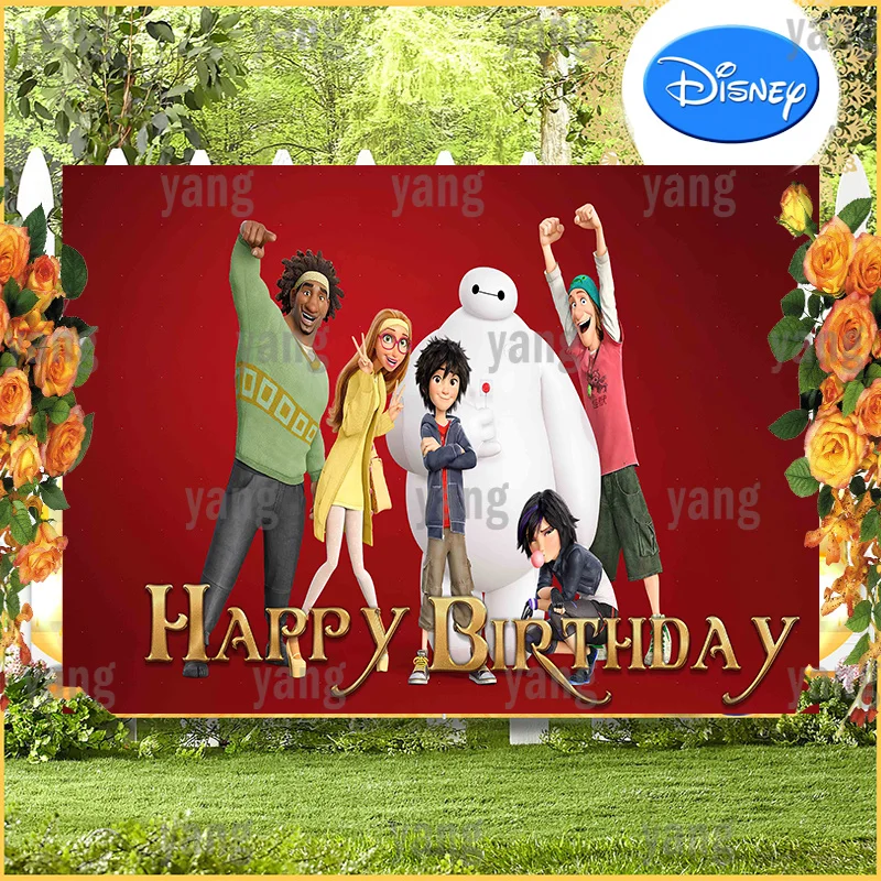 Cartoon Red Backdrop Big Hero Baymax Hiro Hamada Cake Table Wall Baby Shower Disney Background Romantic Happy Birthday Party