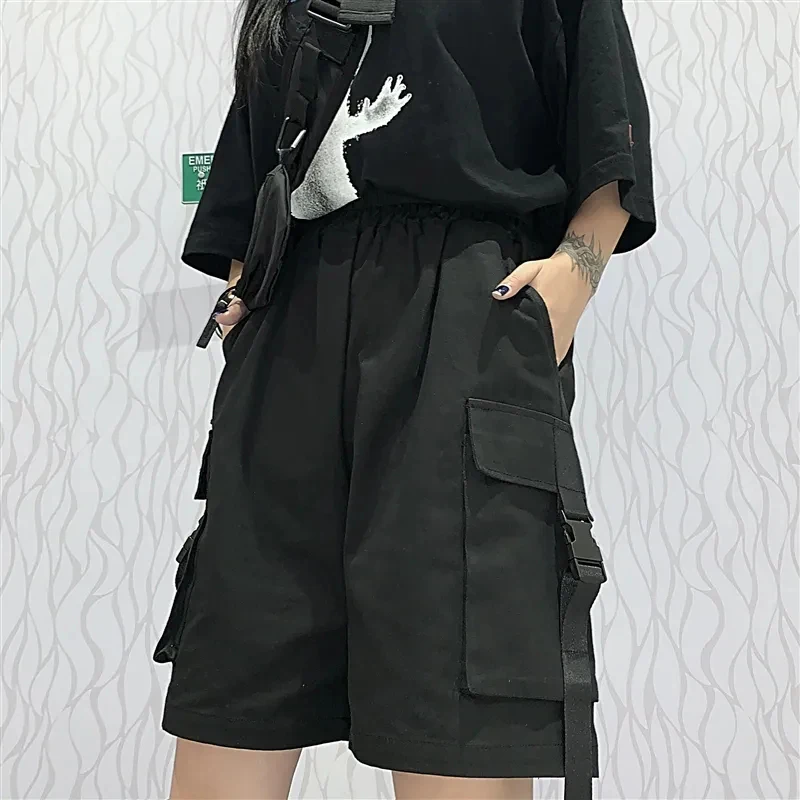 

Шорты-карго женские до колена, уличная одежда в стиле Харадзюку, с широкими штанинами, готические брюки до колен, с карманами, черные, 4xl, на лето, Xpqbb