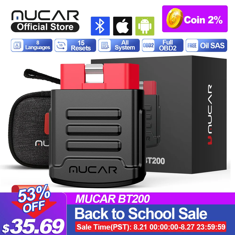 Диагностический сканер MUCAR BT200, прибор для диагностики автомобиля, Obd 2, Bluetooth, Wi-Fi, для всех автомобилей