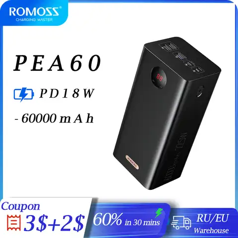 ROMOSS PEA60 Мощный внешний аккумулятор 60000 мАч 22,5 Вт SCP PD QC 3.0 Быстрая зарядка Внешний аккумулятор Портативный внешний аккумулятор для Xiaomi iPHONE