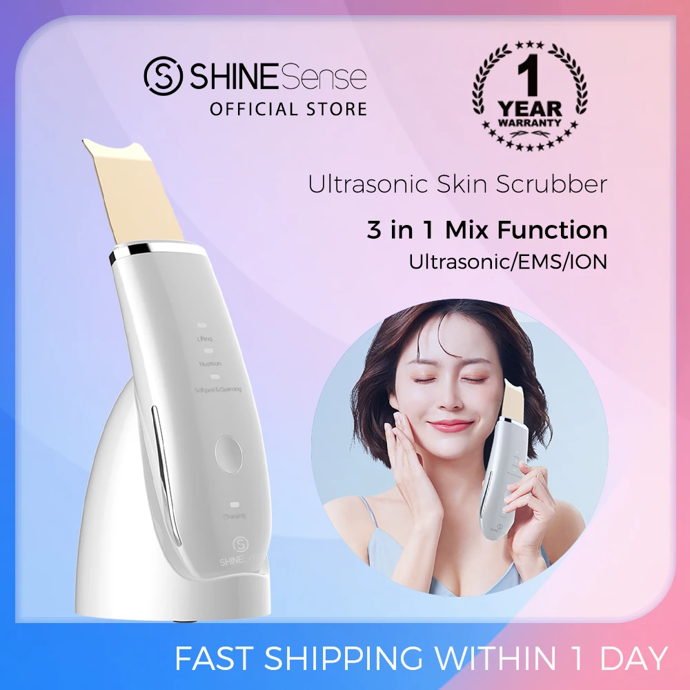 ShineSense 3 IN 1 Ultrasonic Skin Scrubber Blackhead Remover EMS Tightening Ion Lifting Beauty Device with USB Rechargeable