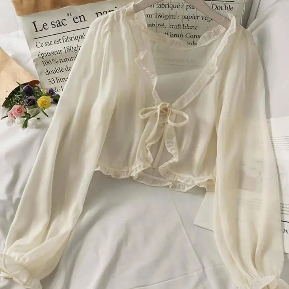 

Новинка, женское тонкое пальто, Повседневная кружевная блузка с бантом, летний женский кардиган от солнца, рубашка, одежда, топы, блузка для ...