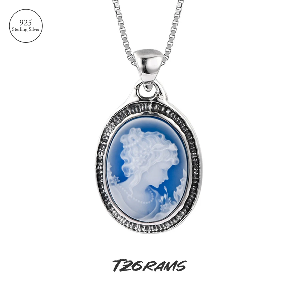 

Женский винтажный кулон tzgram, овальная подвеска из серебра 925 пробы с портретом голубого агата и резным изображением, ювелирные изделия