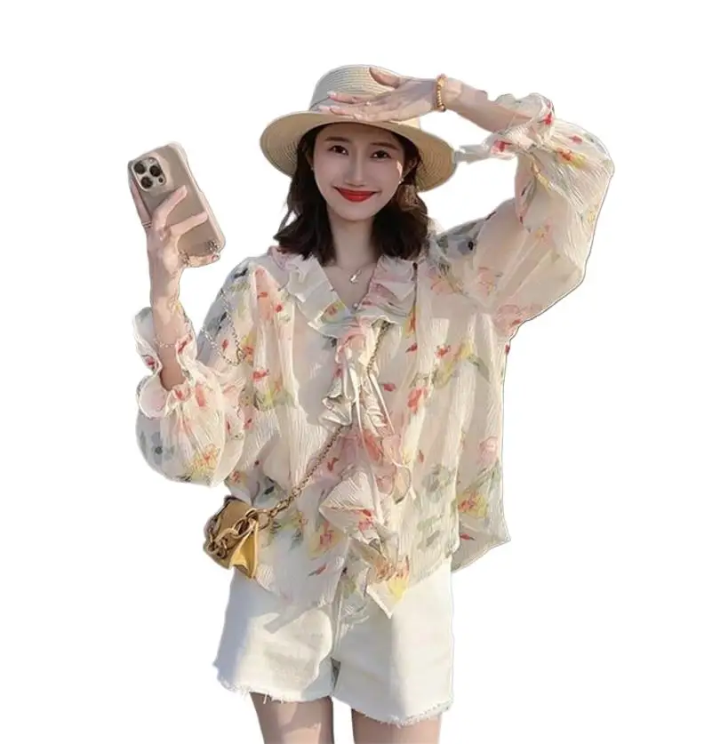 

Женская шифоновая блузка с оборками, элегантная приталенная пляжная блузка с цветочным принтом и рукавом-бабочкой