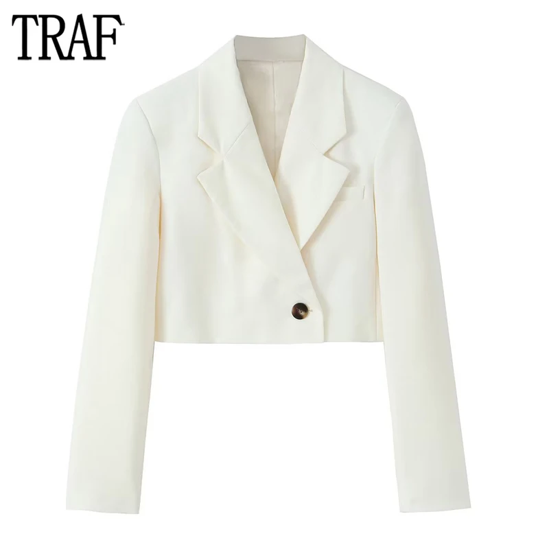 

TRAF 2023 White Cropped Blazer Women Double Breasted Jacket Women Long Sleeve Blazers for Women Streetwear Basics Blazer Woman