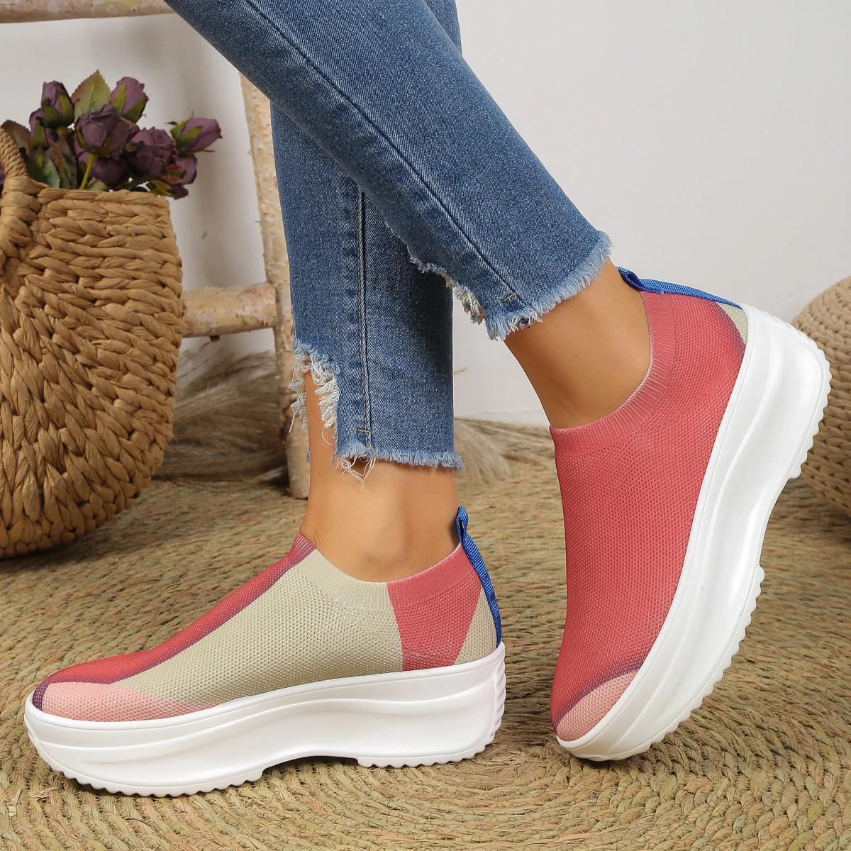 Patchwork Breathable Knit Sneakers for Women 2023 Fashion Mixed Color Platform Loafers Woman Thick Bottom Vulcanized Shoes 36-42