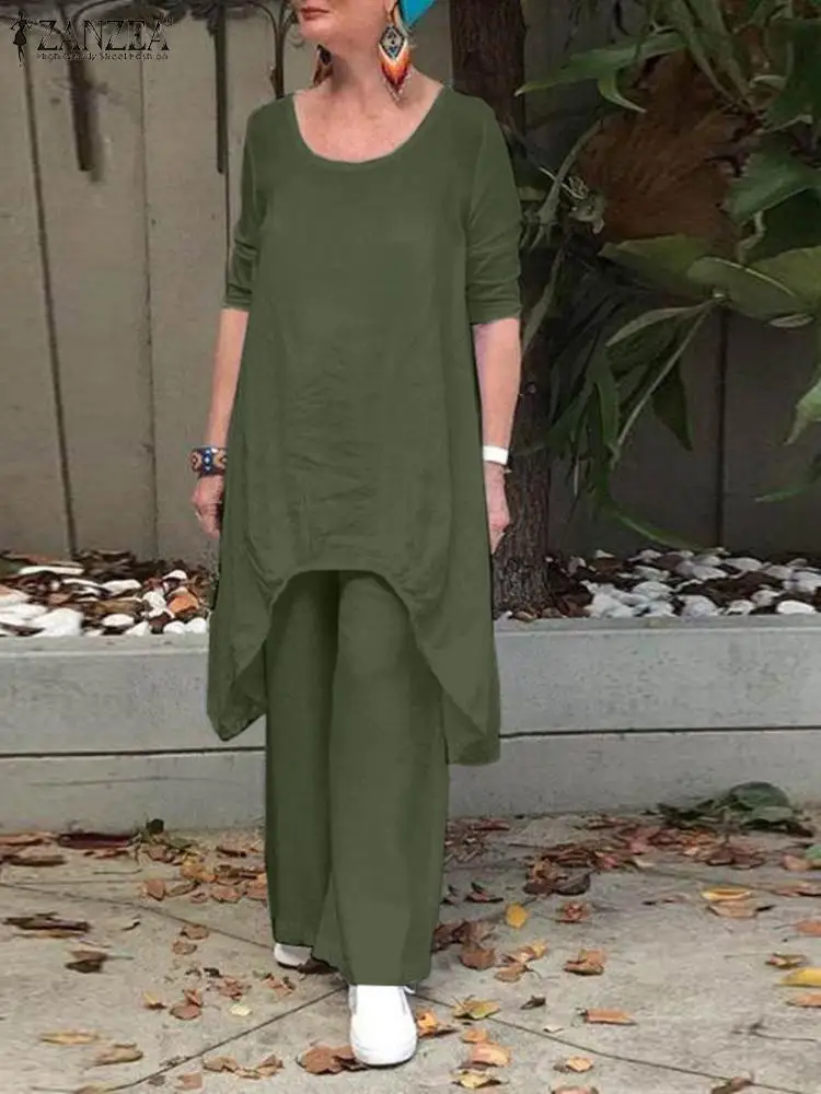 

ZANZEA Fashion Vintage Urban Tracksuit Women Casual Matching Sets Full Sleeve O-Neck Irregular Hem Blouse Wide Leg Pant Suit