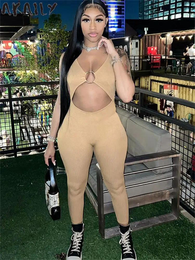 

AKAILY Summer Sexy Jumpsuit Women 2022 Khaki Sleeveless Hollow Out Halter Jumpsuit Womens One Piece Outfits Bodycon Jumpsuit