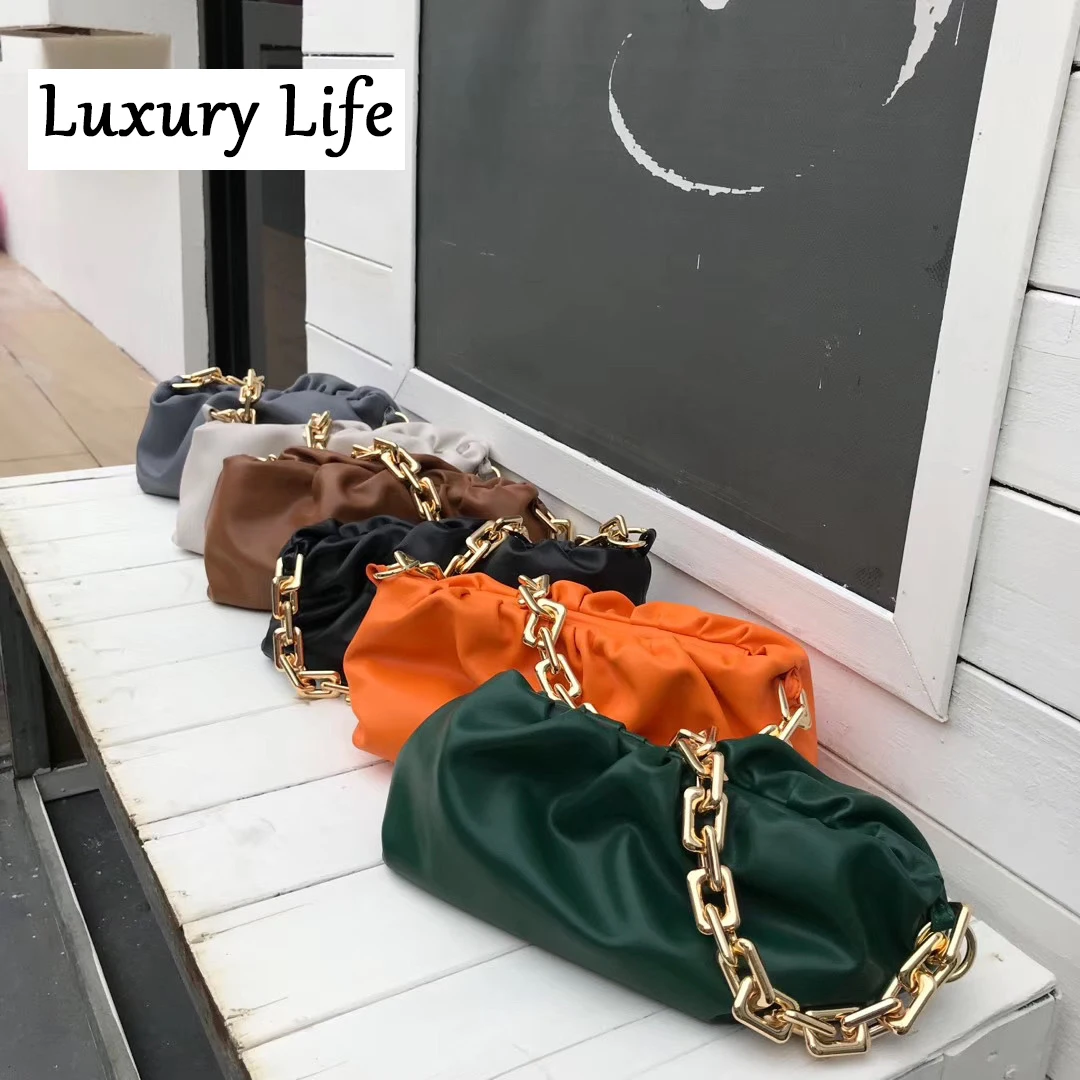 Retro Vintage Matel Chain High Quality Genuine Leather Female Handbags Fashion Leisure Underarm Cloud Women Shoulder Bag