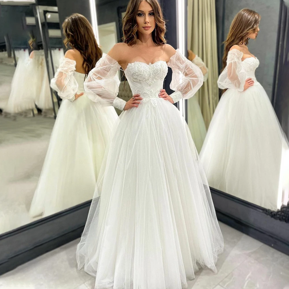 

Vintage Long Beaded Wedding Dresses with Sleeves A-Line Corset Back Tulle Vestidos de Novia For Women Custom Made To Measures