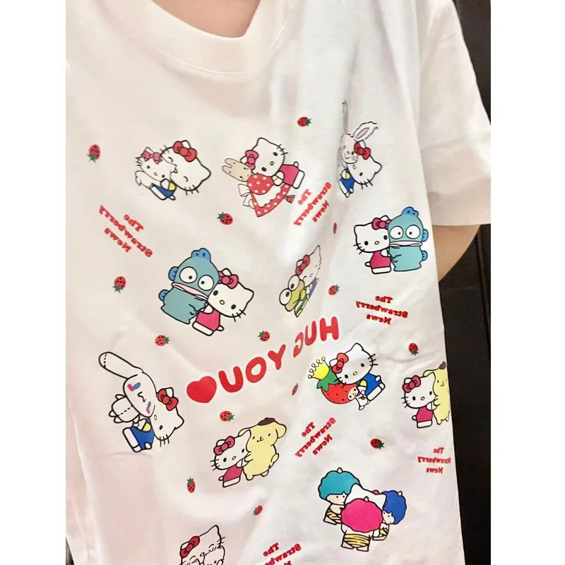 

Милая футболка с коротким рукавом Sanrio Cinnamoroll Pom Purin Little Twin Star Hangyodon из чистого хлопка подарок на день рождения для девочек