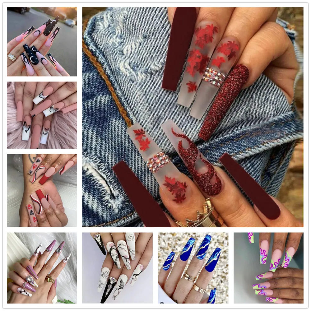 

24Pcs/Box Fake Nails Full Cover Maple Leaf Branches Flowers Love Press On Wearable Finished Long Paragraph False Nails Manicure