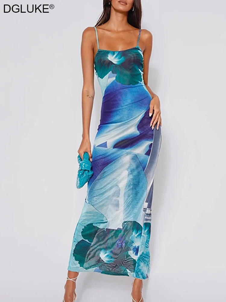 

Tie Dye Print Women Summer Long Dress Spaghetti Strap Backless Maxi Dress Sexy Boho Beach Dress Sundress Blue