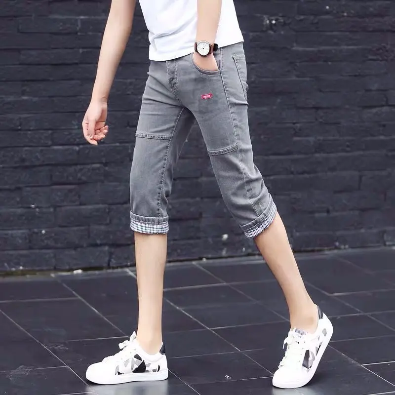2023 New Cropped Jeans Men's Spring and Summer Thin Broken Men's Korean Version Slim Pants Trend Men's Denim Shorts  Jeans Men
