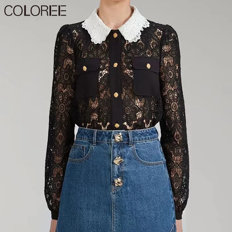 High Quality Vintage Lace Embroidery Blusa Feminina Autumn Winter Elegant Long Sleeve Tops Women 2022 Black Ropa Mujer