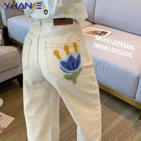 womens jeans high waist woman embroidered flower pants high waist straight casual trousers y2k vintage jeans loose casual jeans