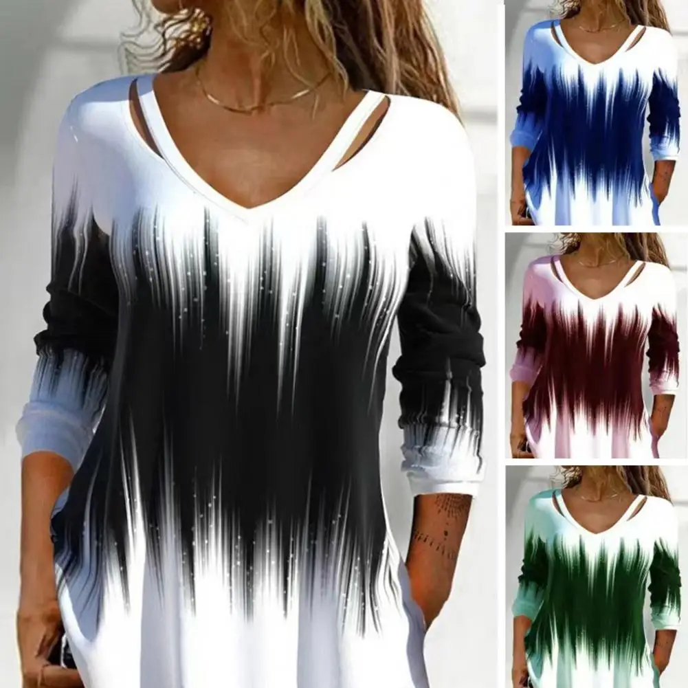 

Lady Top V-neck Gradient Color Tie-Dye Long Sleeve Women T-Shirt Breathable Spring Summer Blouse Top Office Garment For Dating