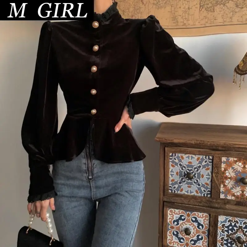 Korean Vintage Lantern Sleeve Top Fall Lace High Neck Pearls Button Black Slim Elegant Fashion Velvet Blouse Women Shirt