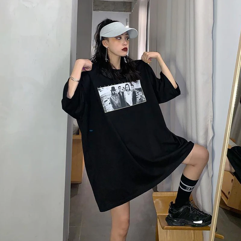 

DAYIFUN 2022 T Shirt Dress Women Oversize Figure Printing O Neck Long Tops Loose Korean Fashion Hiphop Style Y2k Clothes Tees