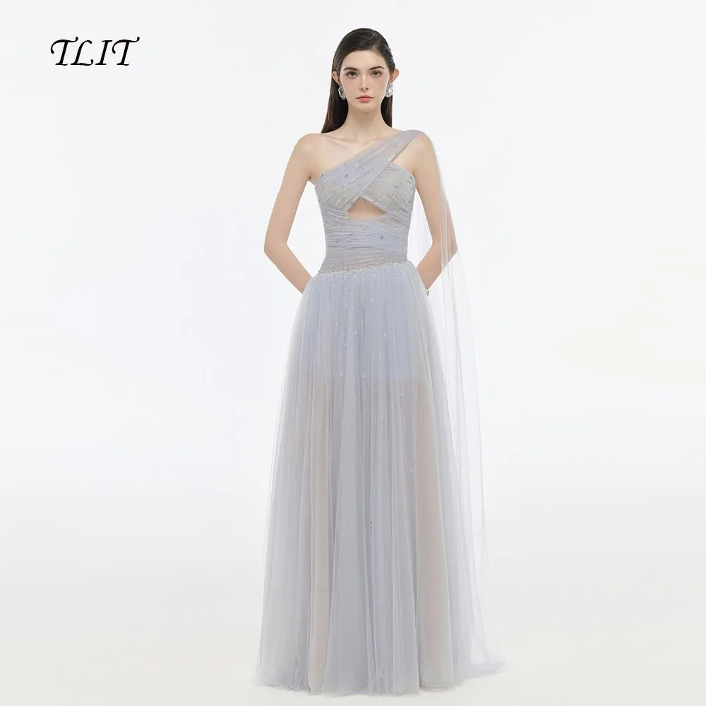 Фото TLIT Элегантное пыльно-синее вечернее платье из тюля для женщин, свадебная вечеринка, аппликация, хрустальные платья для выпускного вечера, платья крест-накрест по индивидуальному заказу №1