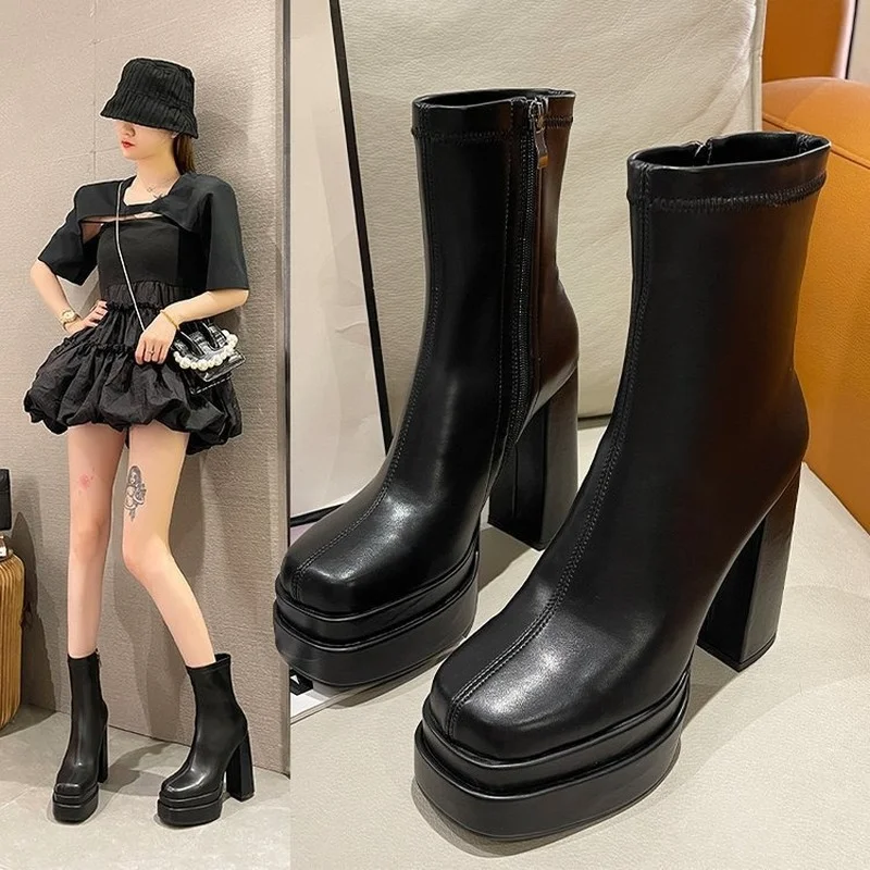 

2022 Winter New High Heel Women Ankle Boots Fashion Zipper Female Motorcycle Boots Platform Chunky Heel Black Women's Shoes