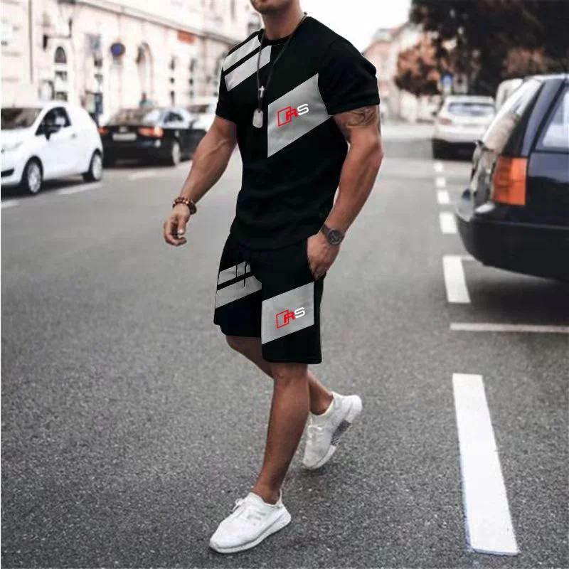 

2022 High Quality New Short-sleeved T-shirt Shorts Three-color Stitching Two-piece Fabric Soft Breathable Slim Fit Suit