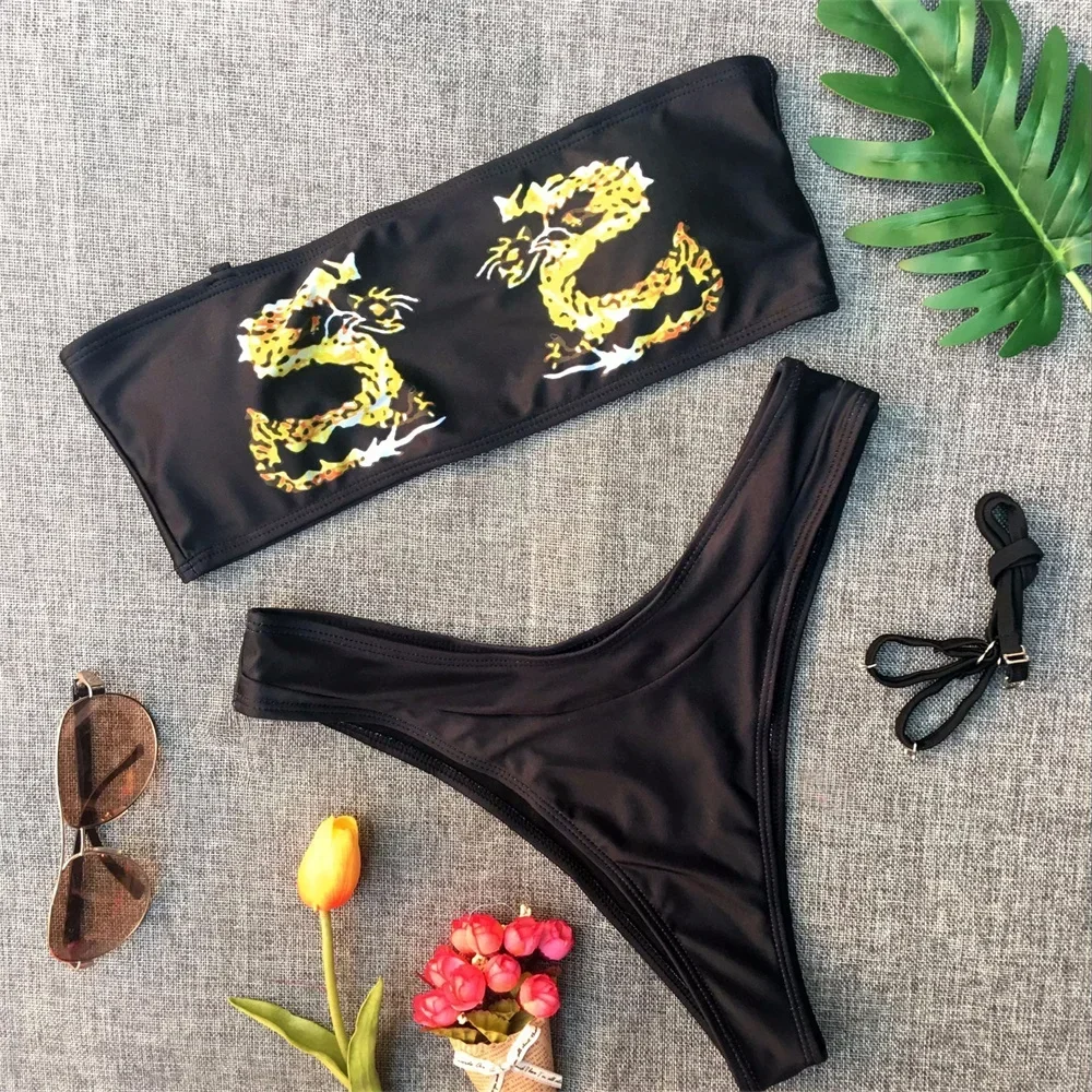 Бикини с принтом дракона купальник-бандо купальник для отпуска женские пляжные