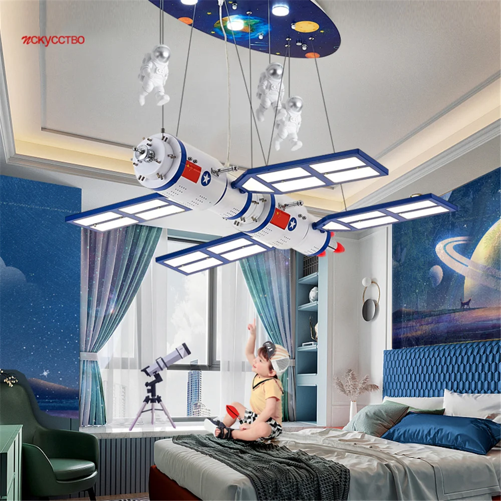 

Creative Kids Space Satellite Astronaut Led Pendant Lights Remote Dimming Children Home Deco Living Room Bedroom Hanging Lamp