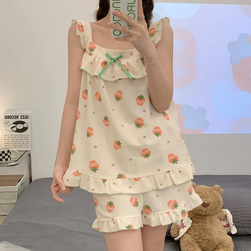 

Летний женский пижамный комплект без рукавов с клубничным принтом, домашняя Хлопковая пижама, женские шорты, комплект из 2 предметов с подтя...