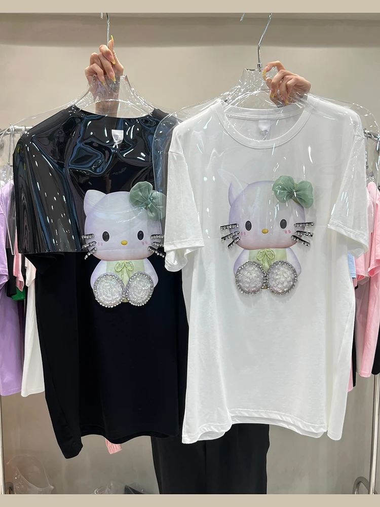 

Korea Women White T-shirt 2022 New Summer Diamond Cartoon Printed O-neck Cute Top All-match Loose Short Sleeve Casual Cotton Tee