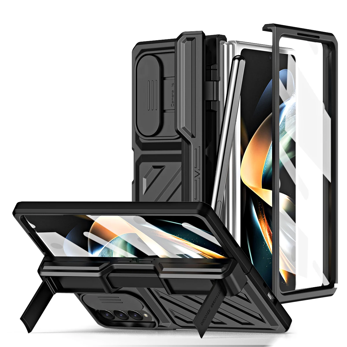 

For Samsung Galaxy Z Fold 5 Case Hinge Armor Plating Magnetic Case Fold 4 3 with S Pen Holder Kickstand 360 Full Protector Cover