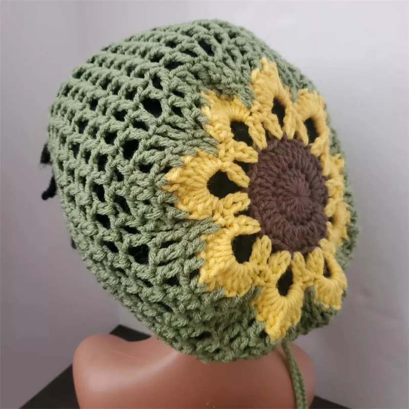 Вязаная крючком шапка-бини ручной работы милая украшение с рисунком подсолнуха