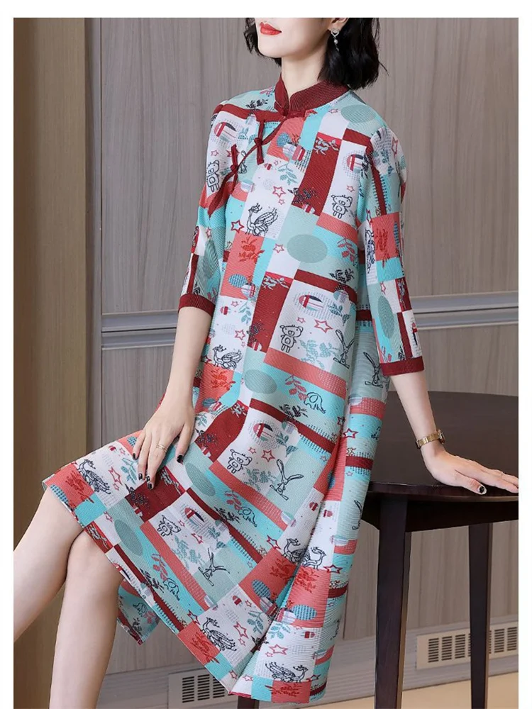 Miyake Women's Pleated Dress 2023 New Autumn Stand Collar Long Sleeve Fashion Elegant Printed Loose Plus Size Mid-Length Dress