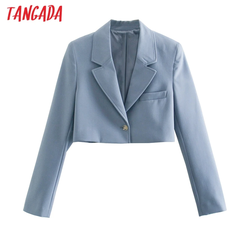 

Tangada Women Solid Crop Blazer Coat Vintage Notched Collar Pocket 2021 Fashion Female Casual Chic Tops BE417