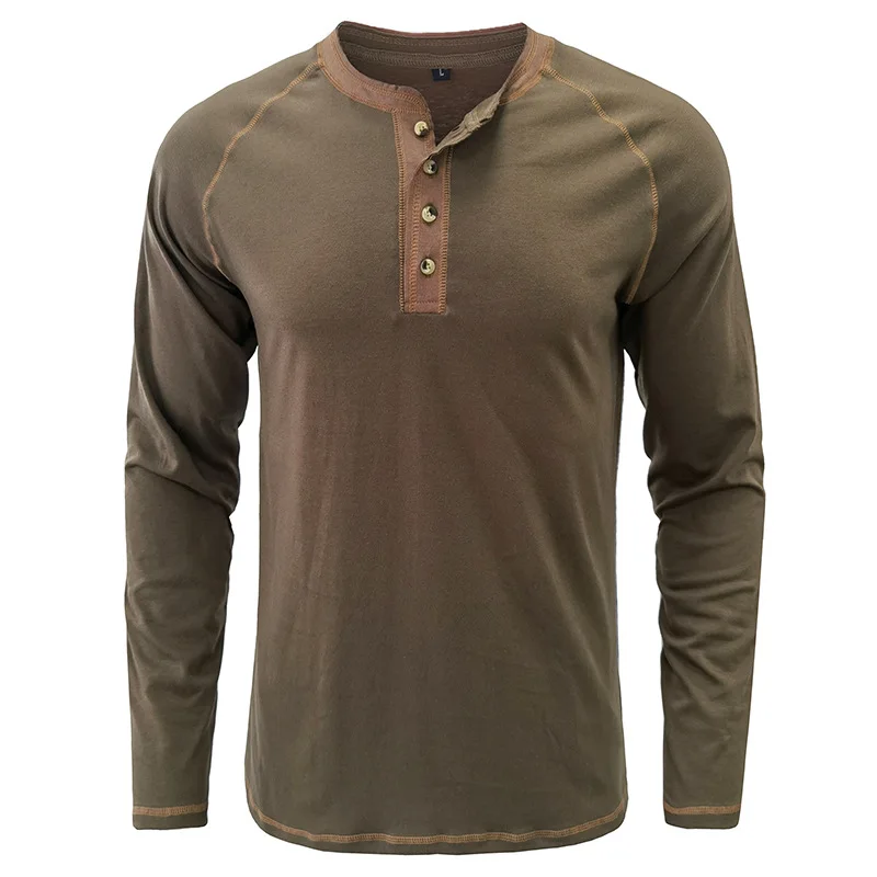 Men's Slim Fit T-Shirt Quality Cotton Henry Neck Fashion Design Solid t shirts Male Tops Tees Long Sleeve For Men Pullover