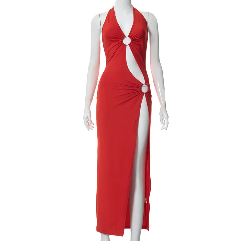 

2023 элегантное облегающее Платье макси с лямкой на шее и открытой спиной для женщин, сексуальное платье с разрезом, длинные летние платья для выпускного вечера