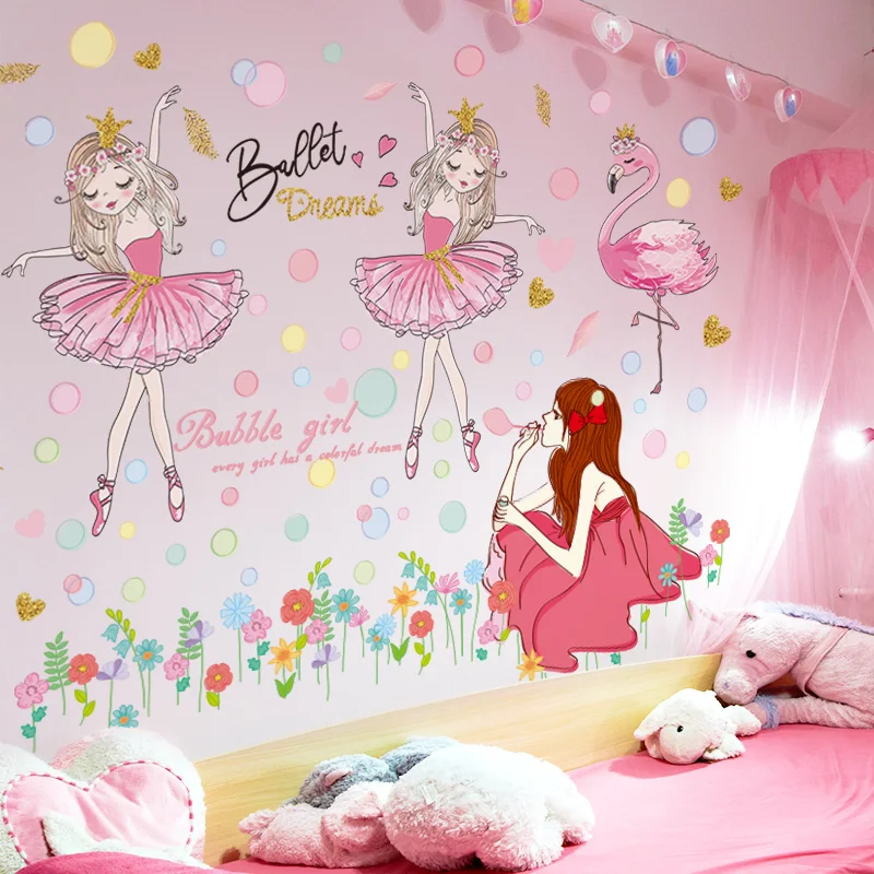 

[shijuekongjian] Cartoon Girl Flamingo Wall Stickers DIY Bubbles Wall Decals for Kids Rooms Baby Bedroom Home Decoration