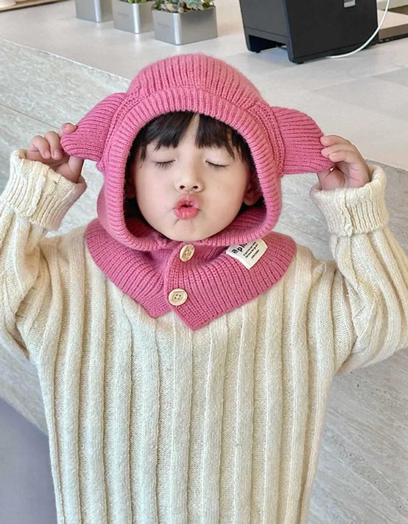 

Детская однотонная вязаная шапка 48-52 см, Детская цельная шапка с воротником, зимние защитные перчатки из двух частей с пятью пальцами, 2023